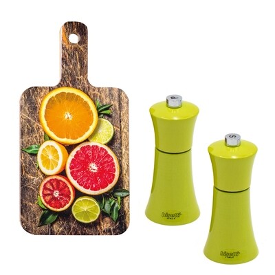 ​Verona white salt and pepper grinders set and wooden cutting board - 13 cm