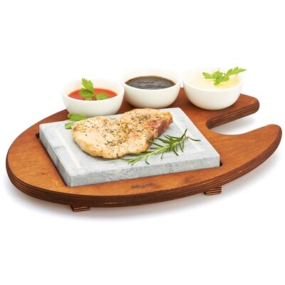 Rectangular cooking stone with 3 porcealin bowls and wooden base