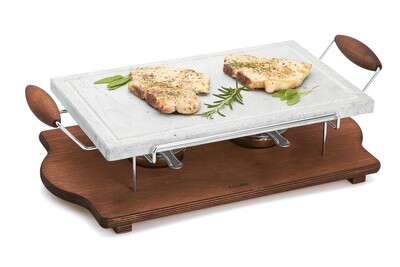 Rectangular cooking stone with walnut finished plywood birch base and 2 burner