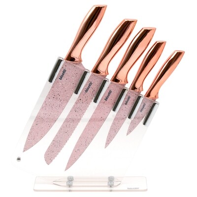 Set 5 coltelli 'Stonerose' con manici colore oro rosa e ceppo in acrilico trasparente