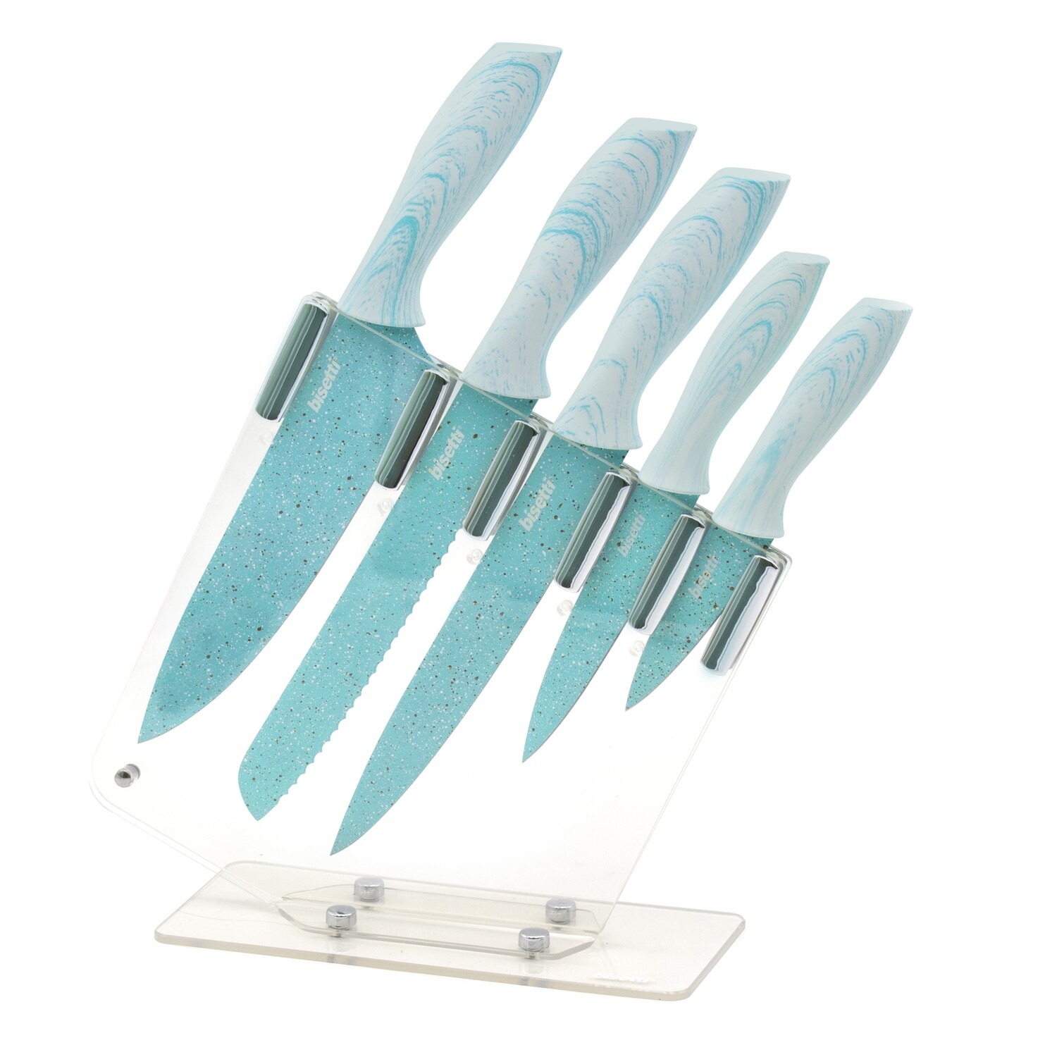 Set 5 coltelli 'Miss Gourmet' con manici colore legno bianco e ceppo in acrilico trasparente