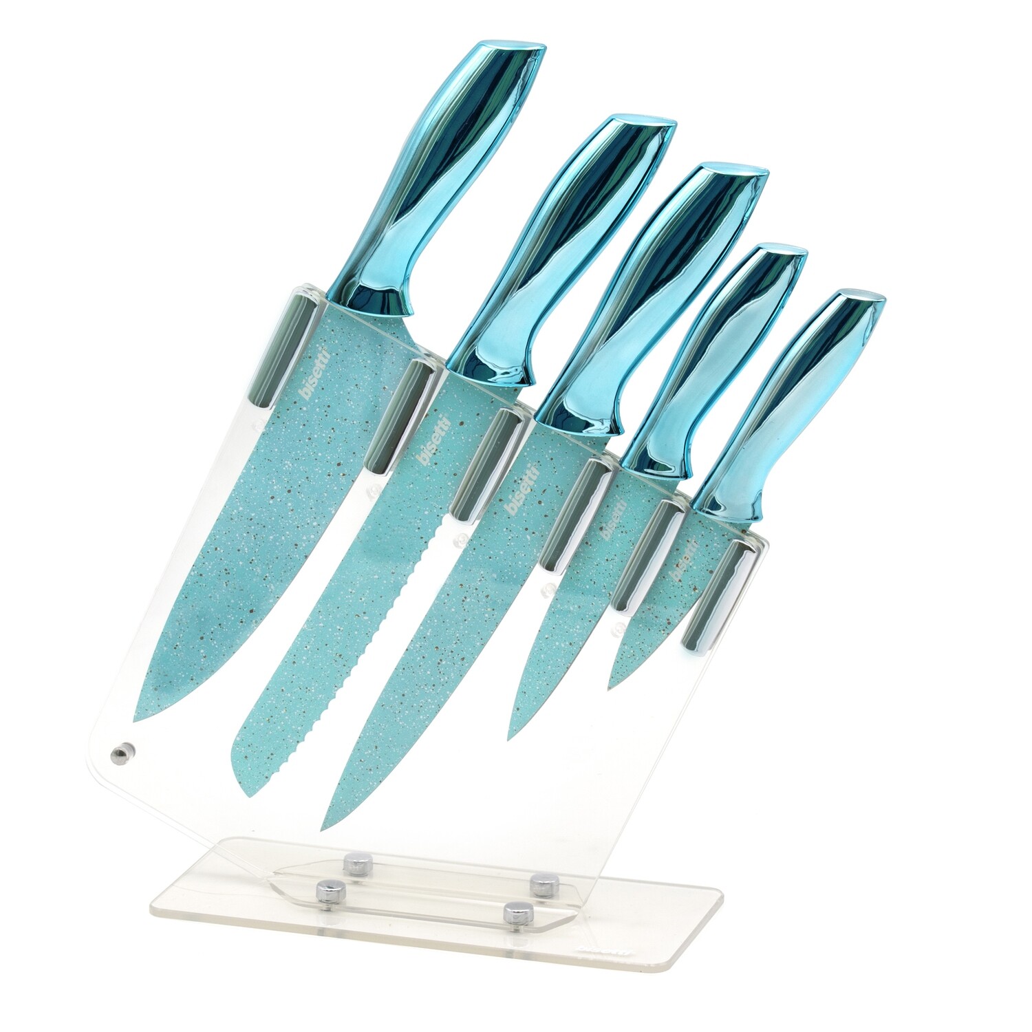 Set 5 coltelli 'Miss Gourmet' con manici colore azzurro metallizzato e ceppo in acrilico trasparente