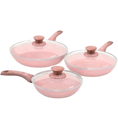 3 pieces cookware set 'Stonerose' with pink wood colour handles and lids