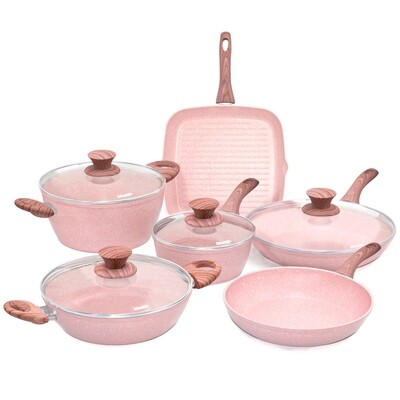 10 pieces cookware set 'Stonerose' pink wood colour handles