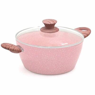 High Casserole Ø 24 cm 'Stonerose' with pink wood handles and lid