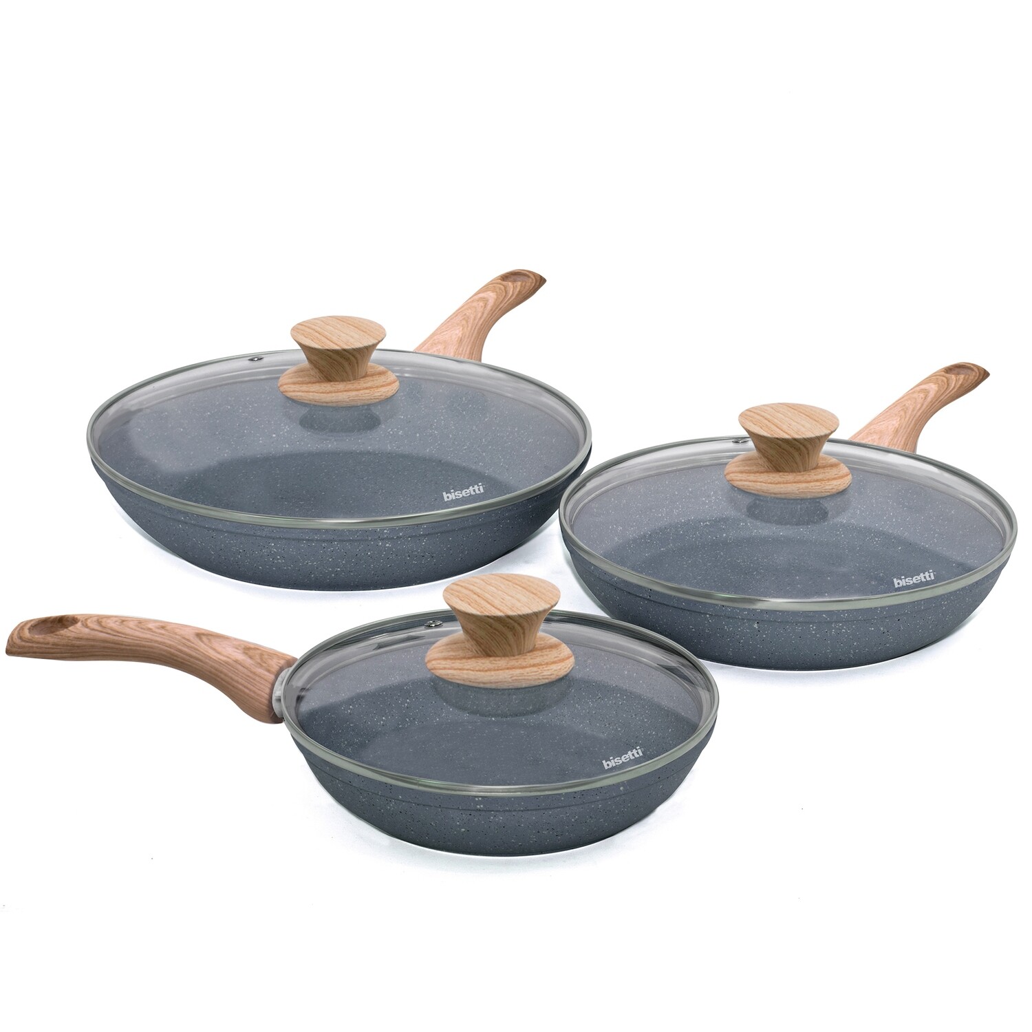 Set 6 padelle 'Pierre Gourmet' con coperchi e manici design legno grigio -  Shop - Bisetti