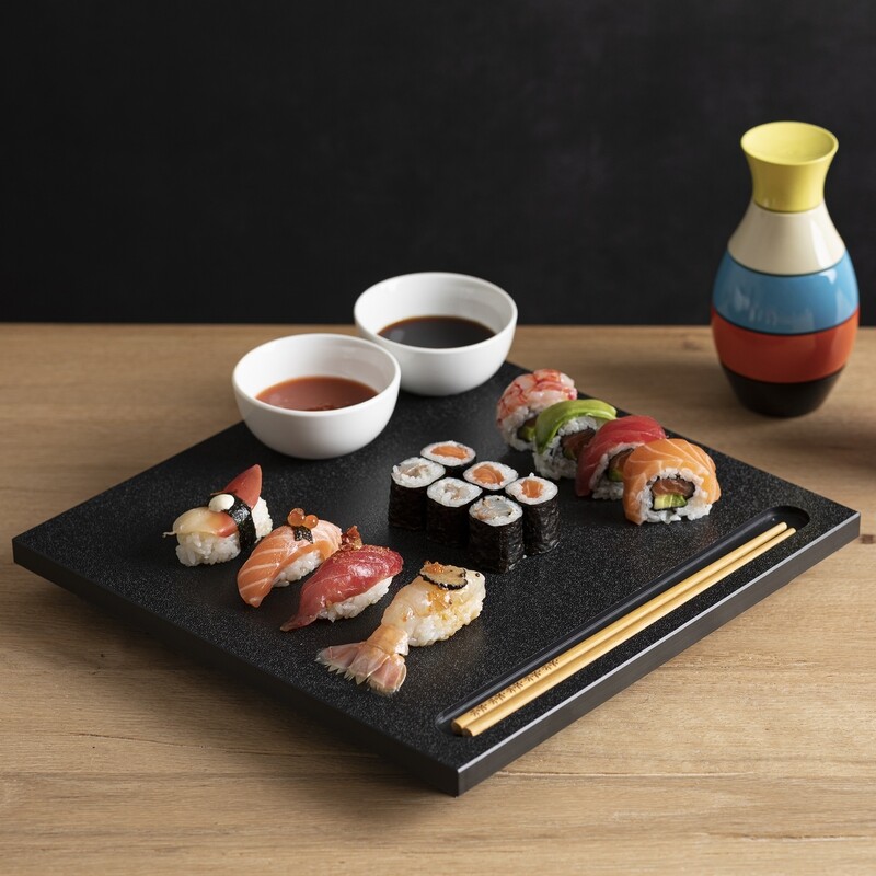 Sushi Black polyethylene cutting board with 2 white bowls and 2 chopsticks included