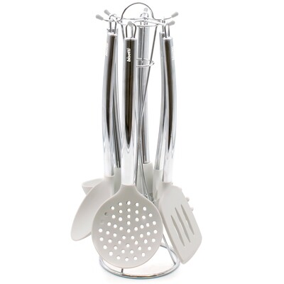 Set 6 pieces Stone White silicone kitchen utensils with metal support.