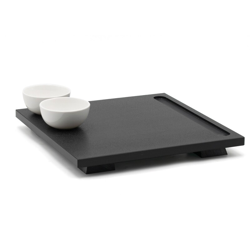 Sushi Black polyethylene chopping board with 2 white bowls and 2 chopsticks included.