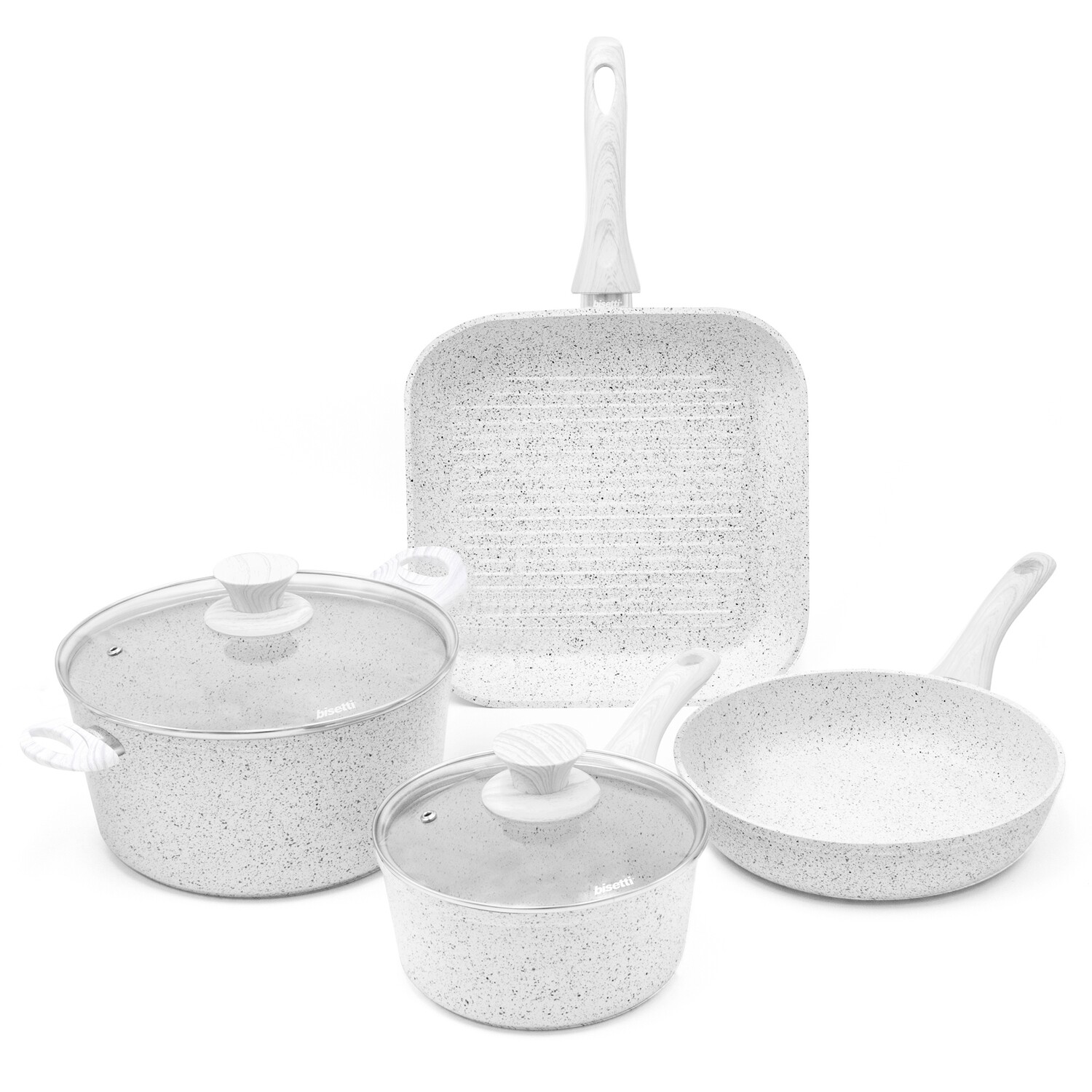 6 pieces cookware set 'Stonewhite' white wood colour handles