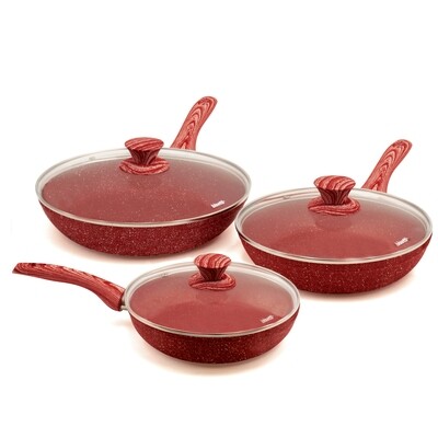 3 pieces cookware set 'Red Passion' with wood colour handles and lids