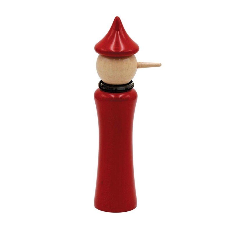 Macina spezie "Pinocchio" in faggio laccato naturale rosso con colletto nero