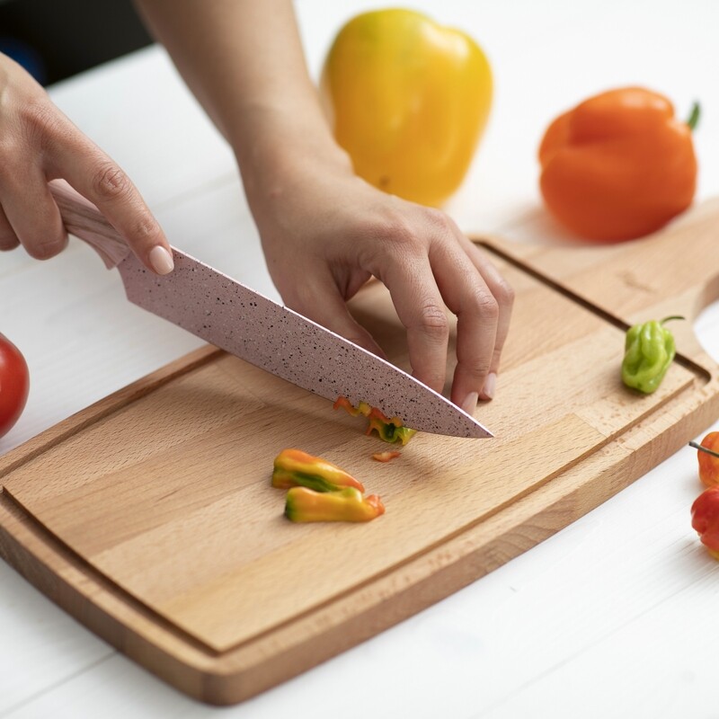 5 knives set 'Stonerose' with pink-wood colour handles and block