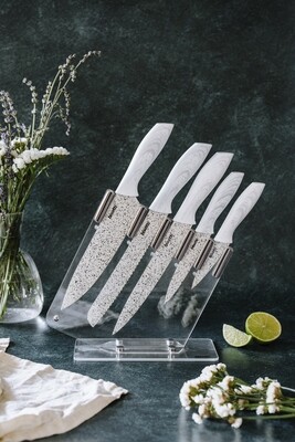 5 knives set 'Stonewhite' with white-wood colour handles and block