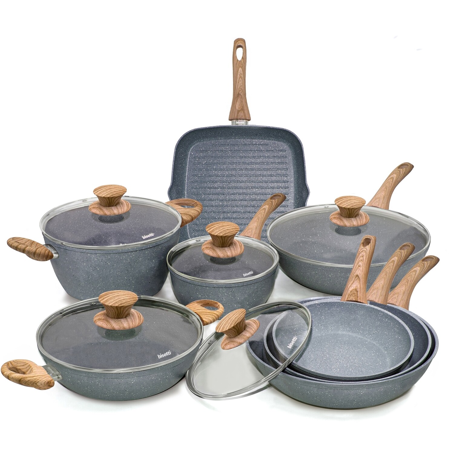 Batteria di pentole 13 pezzi 'Pierre Gourmet' con manici design legno naturale