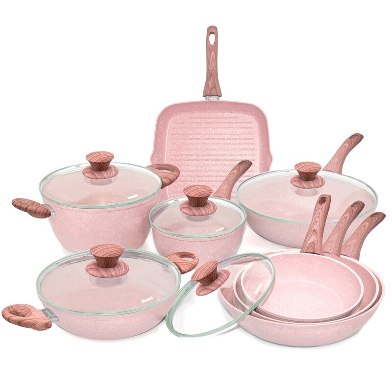 Batteria di pentole 13 pezzi 'Stonerose' con manici design legno rosa