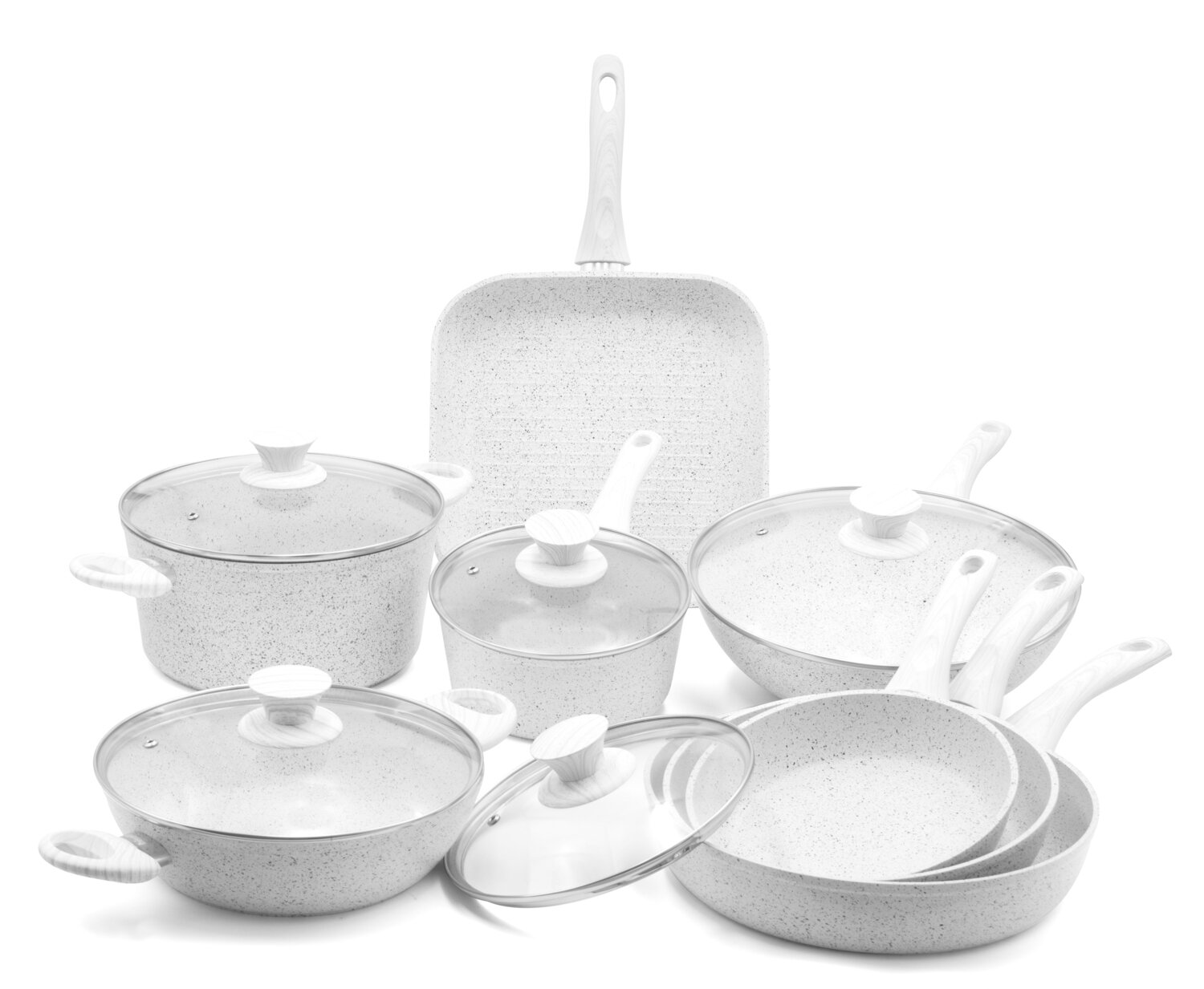 Batterie de cuisine 13 pièces 'Stonewhite' avec poignées design en bois blanc