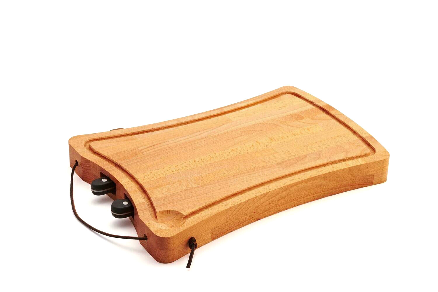 Tagliere in legno di faggio con coltello e forchettone