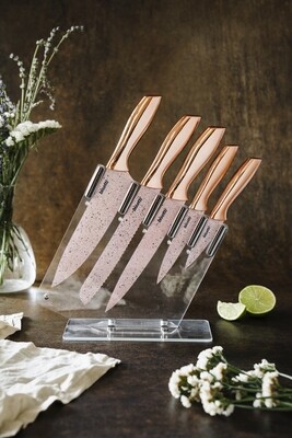 5 knives set 'Stonerose' with gold pink colour handles and block