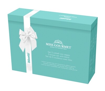 5 knives set 'Miss Gourmet' with white light blue colour handles and block