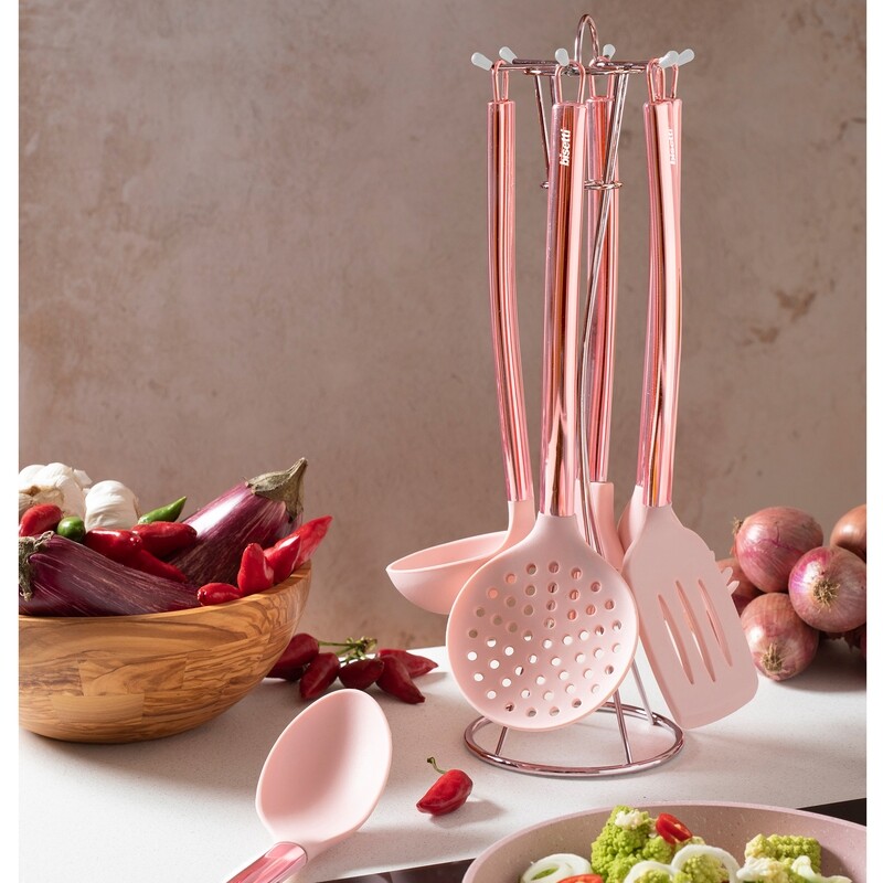 Set 6 pieces Stone Rose silicone kitchen utensils with metal support.