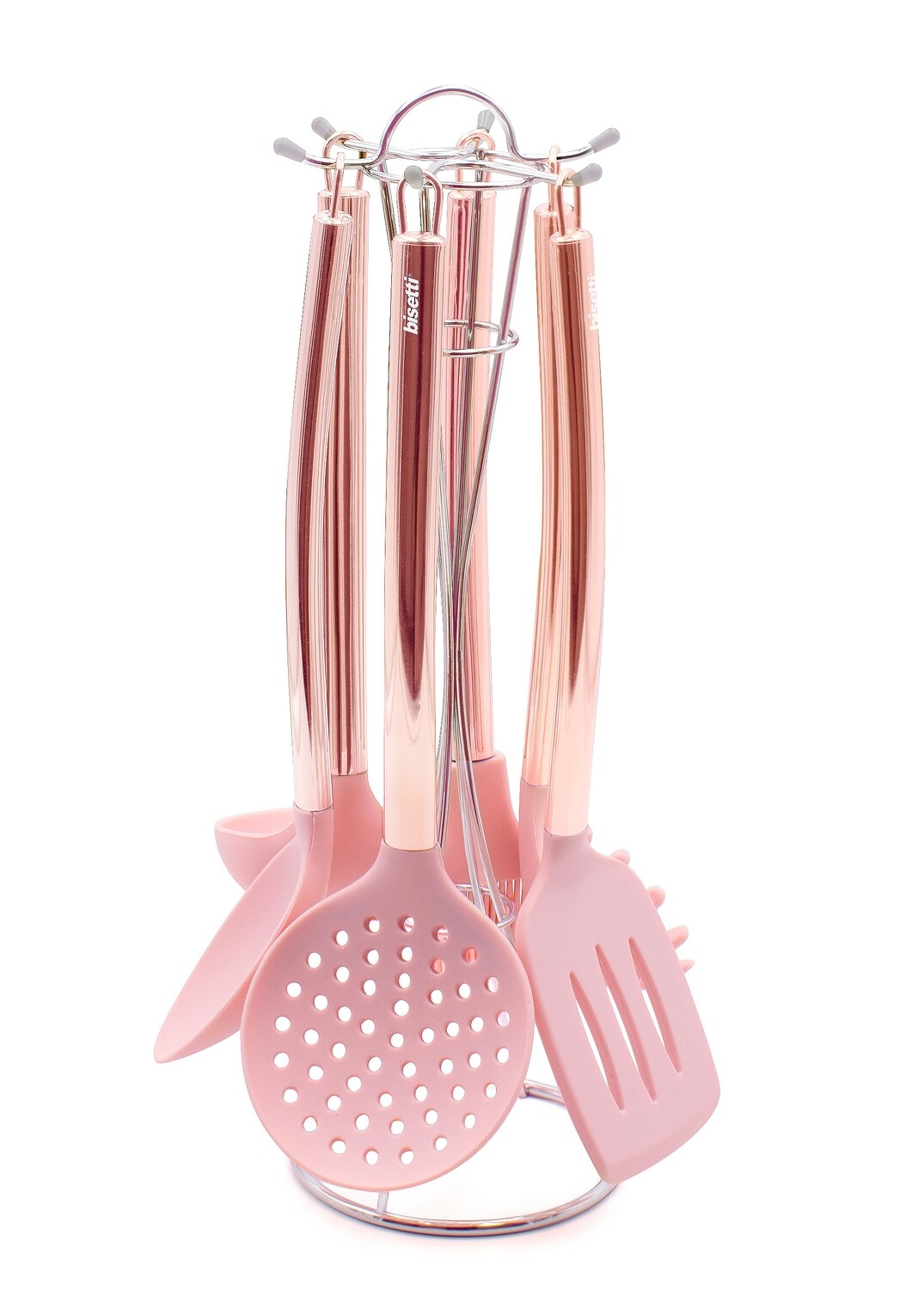 Set 6 pieces Stone Rose silicone kitchen utensils with metal support.