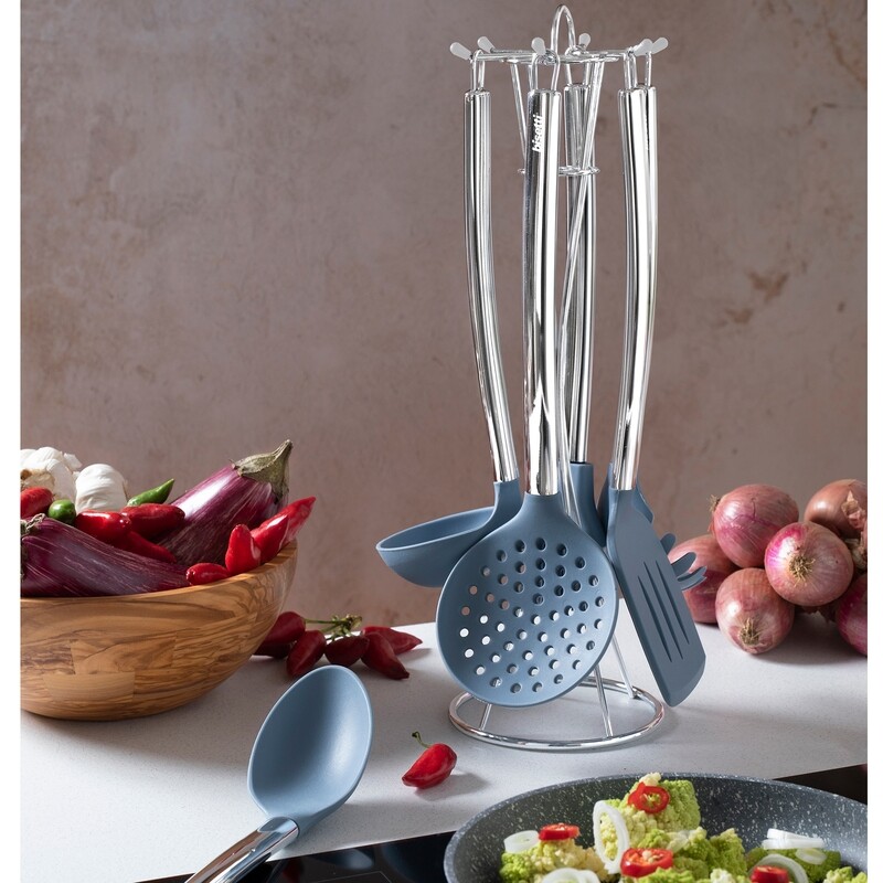 Set 6 pieces Pierre Gourmet silicone kitchen utensils with metal support.
