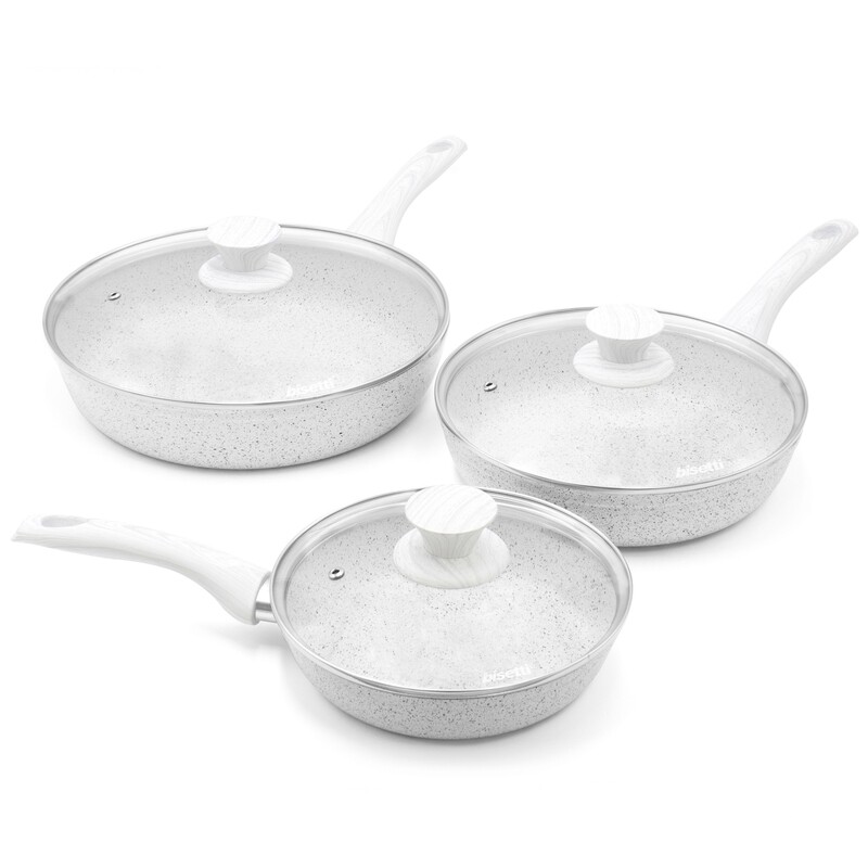 3 pieces cookware set 'Stonewhite' with pink wood colour handles and lids