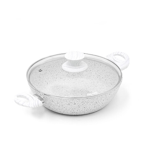 Low casserole Ø 24 cm 'Stonewhite' with white wood colour handles and lid