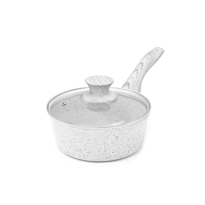 Souce pan Ø 18 cm 'Stonewhite' with white wood color handle and lid