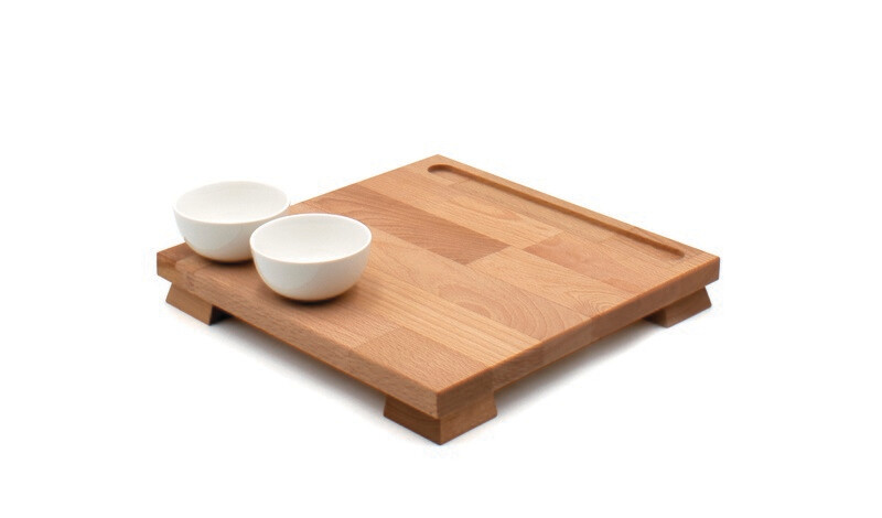 Beech-wood sushi cutting board including 2 white bowls and 2 chopsticks