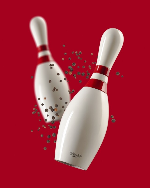 Macina spezie "Birillo" in faggio laccato bianco con righe Rosse