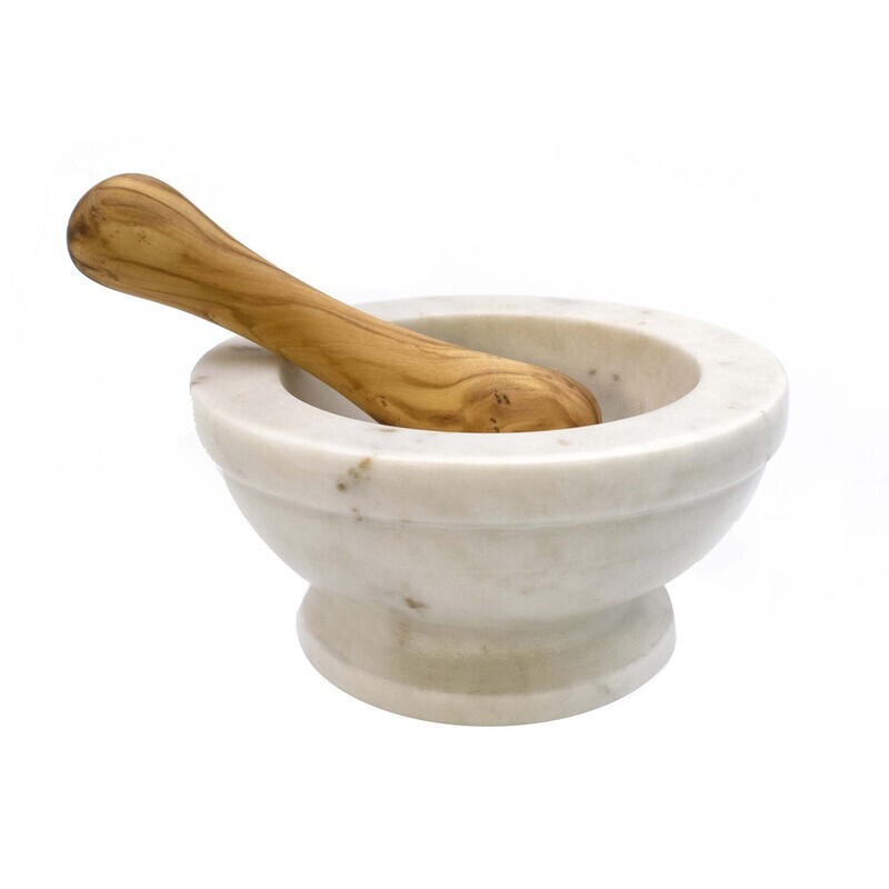 "Mortaio" in marmo bianco con pestello in ulivo - Piccolo