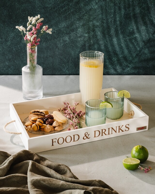 Vassoio rettangolare "Food&amp;Drinks" con manici in corda Stonewhite