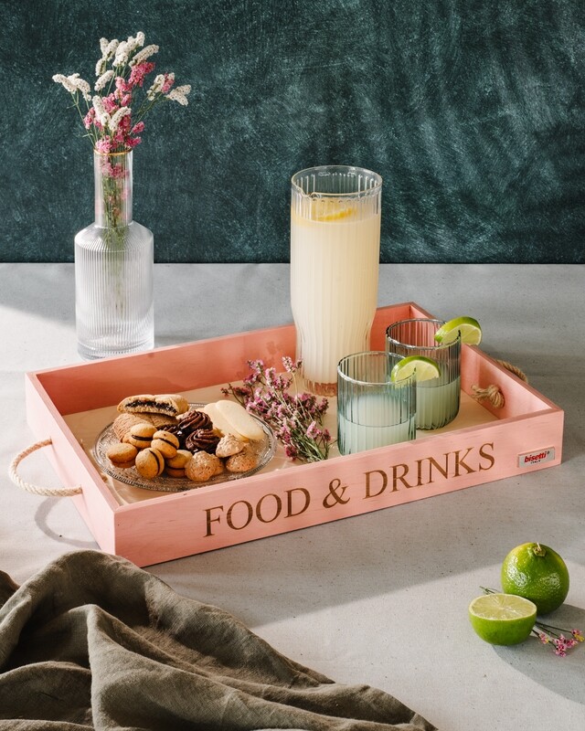 Vassoio rettangolare "Food&amp;Drinks" con manici in corda Stonerose
