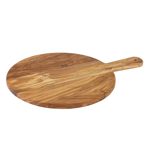 Round olive-wood chopping board with handle - ø 27 cm