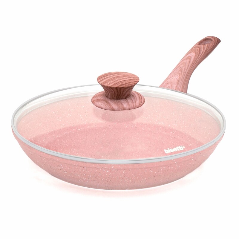 Pan Ø 28 cm 'Stonerose' with pink wood colour handles and lid - outlet collection