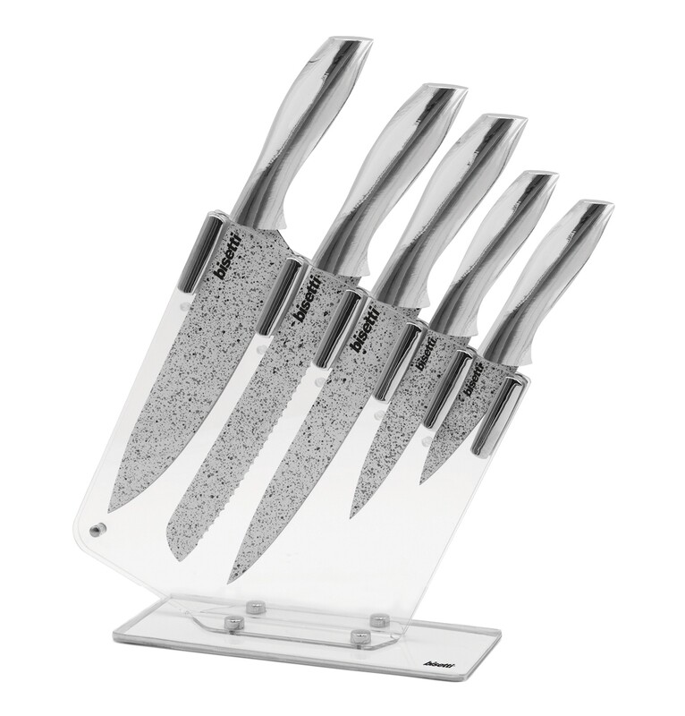 5 knives set 'Stonewhite' with silver colour handles and block  - outlet collection