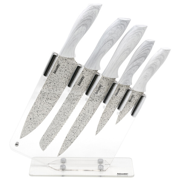 5 knives set 'Stonewhite' with white-wood colour handles and block - outlet collection