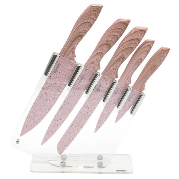 5 knives set 'Stonerose' with pink-wood colour handles and block - outlet collection