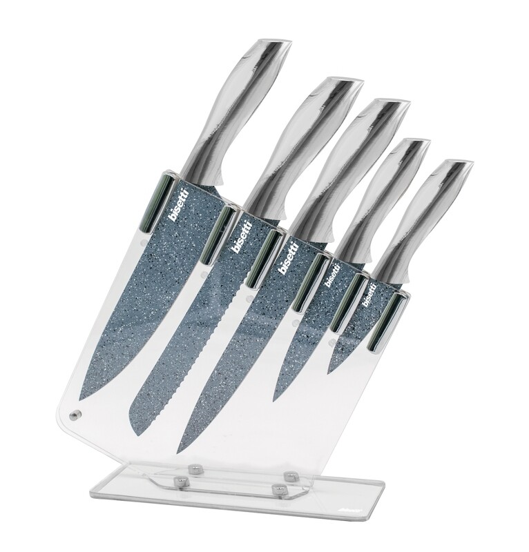 5 knives set 'Pierre Gourmet' with silver colour handles and block - outlet collection
