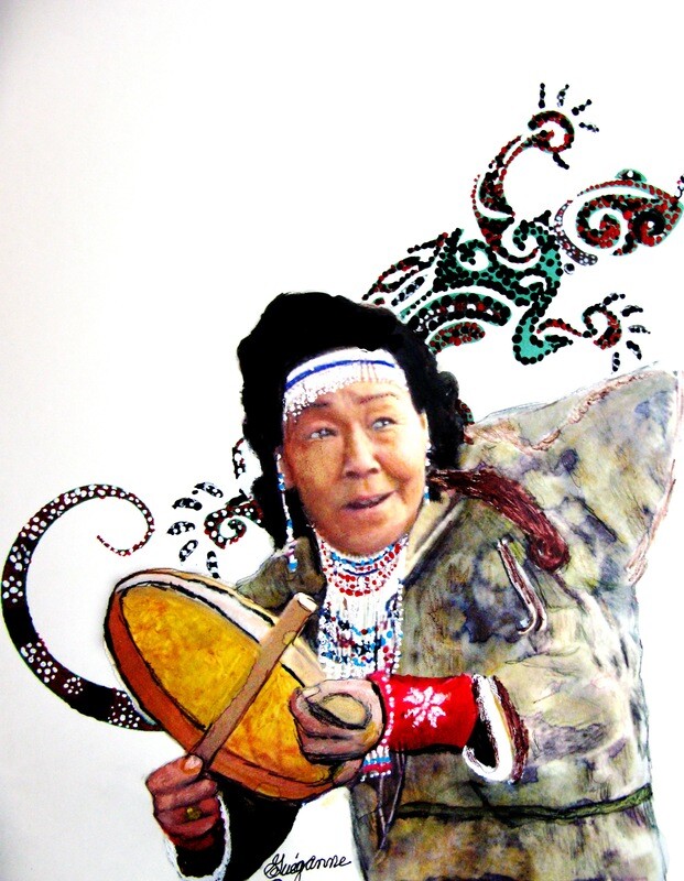 &quot;WOMAN KATUK - DRUM BEATER&quot;, ORIGINAL NATIVE CANADIAN PAINTING
Indigenous Canadian Painting, Size 11” x 14”- Ivory, Watercolor, Acrylic, watercolour paper, cold-pressed, and acid-free