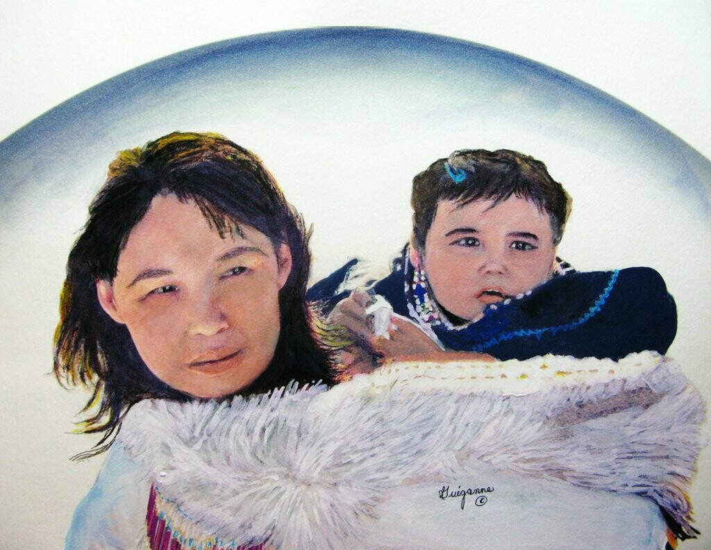 &quot;INUIT MOTHER CARRYING CHILD IN AMAUTI&quot;, ORIGINAL INDIGENOUS CANADIAN PAINTING!
Size: 11” x 14”  Watercolour, Acrylic, Ink, Watercolor Paper, Cold-Pressed and Acid-Free!