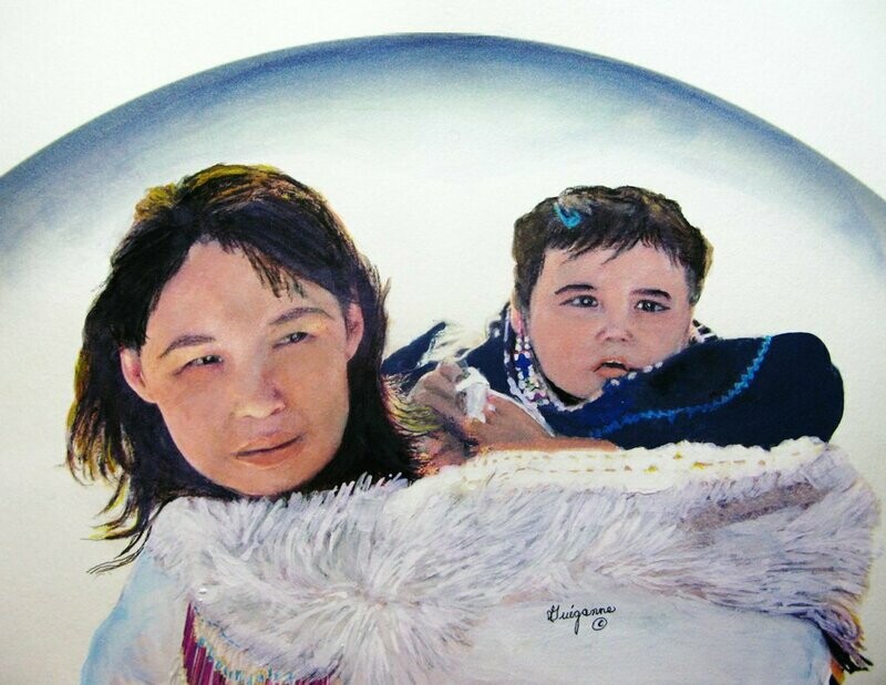 &quot;INUIT MOTHER CARRYING CHILD IN AMAUTI&quot;, ORIGINAL INDIGENOUS CANADIAN PAINTING!
Size: 11” x 14”  Watercolour, Acrylic, Ink, Watercolor Paper, Cold-Pressed and Acid-Free!