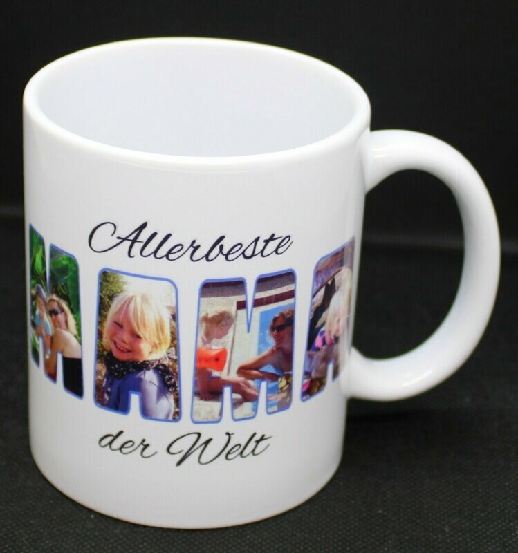 Tasse MAMA- 4 Eurer Wunschfotos, die das Wort MAMA bilden