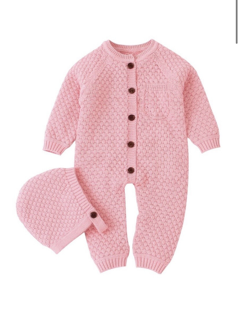 Popcorn Knit Playsuit With Bonnet (pink)