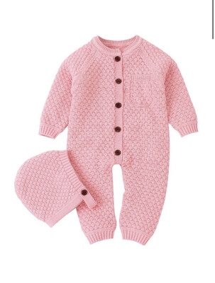 Popcorn Knit Playsuit With Bonnet (pink)