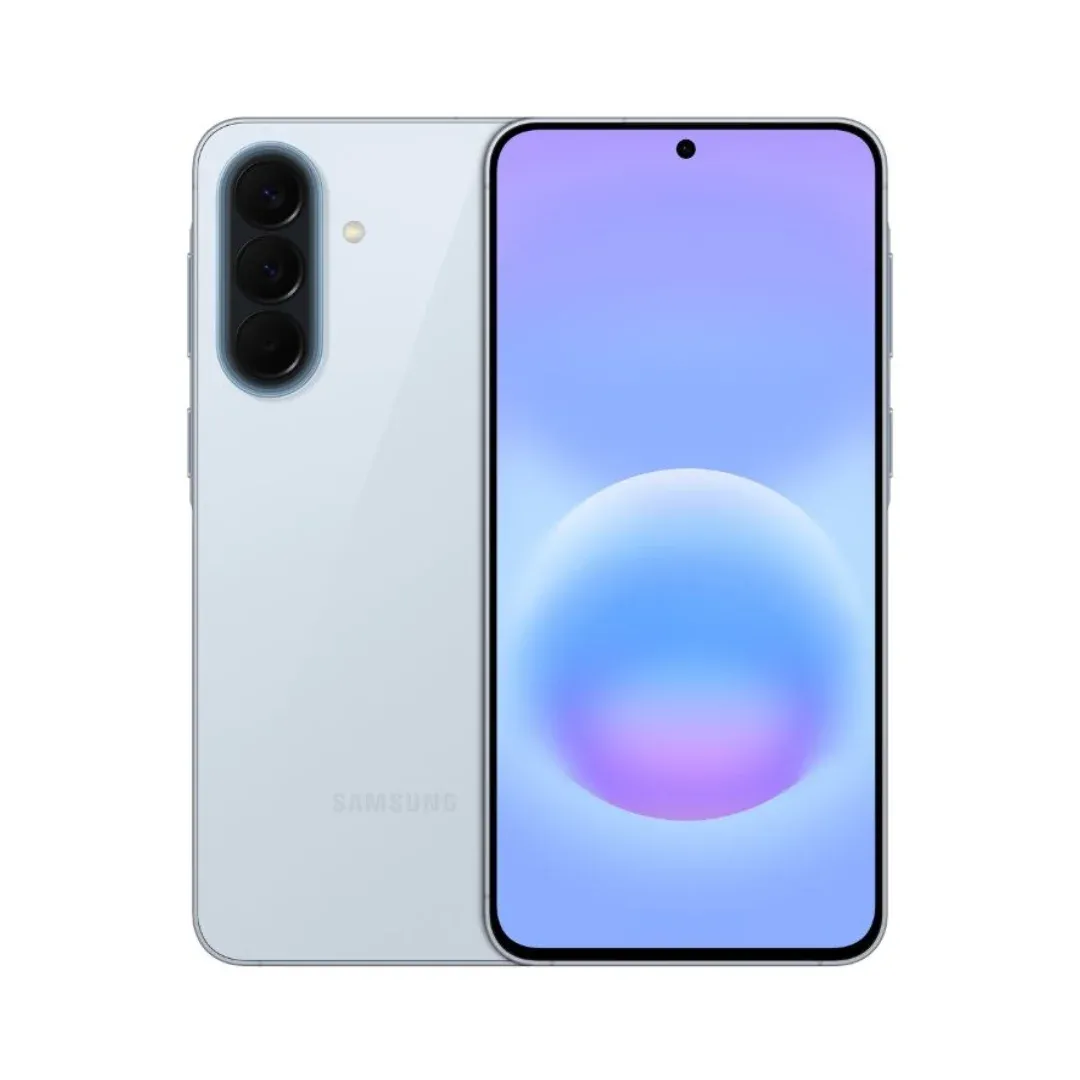 Profile view of the 6.9mm ultra-thin Samsung Galaxy A57 in Awesome Iceblue showing the pale blue metallic frame and glass bac