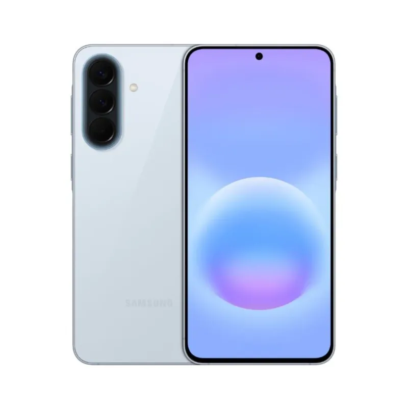 Profile view of the 6.9mm ultra-thin Samsung Galaxy A57 in Awesome Iceblue showing the pale blue metallic frame and glass bac