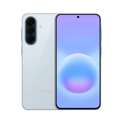 Profile view of the 6.9mm ultra-thin Samsung Galaxy A57 in Awesome Iceblue showing the pale blue metallic frame and glass bac